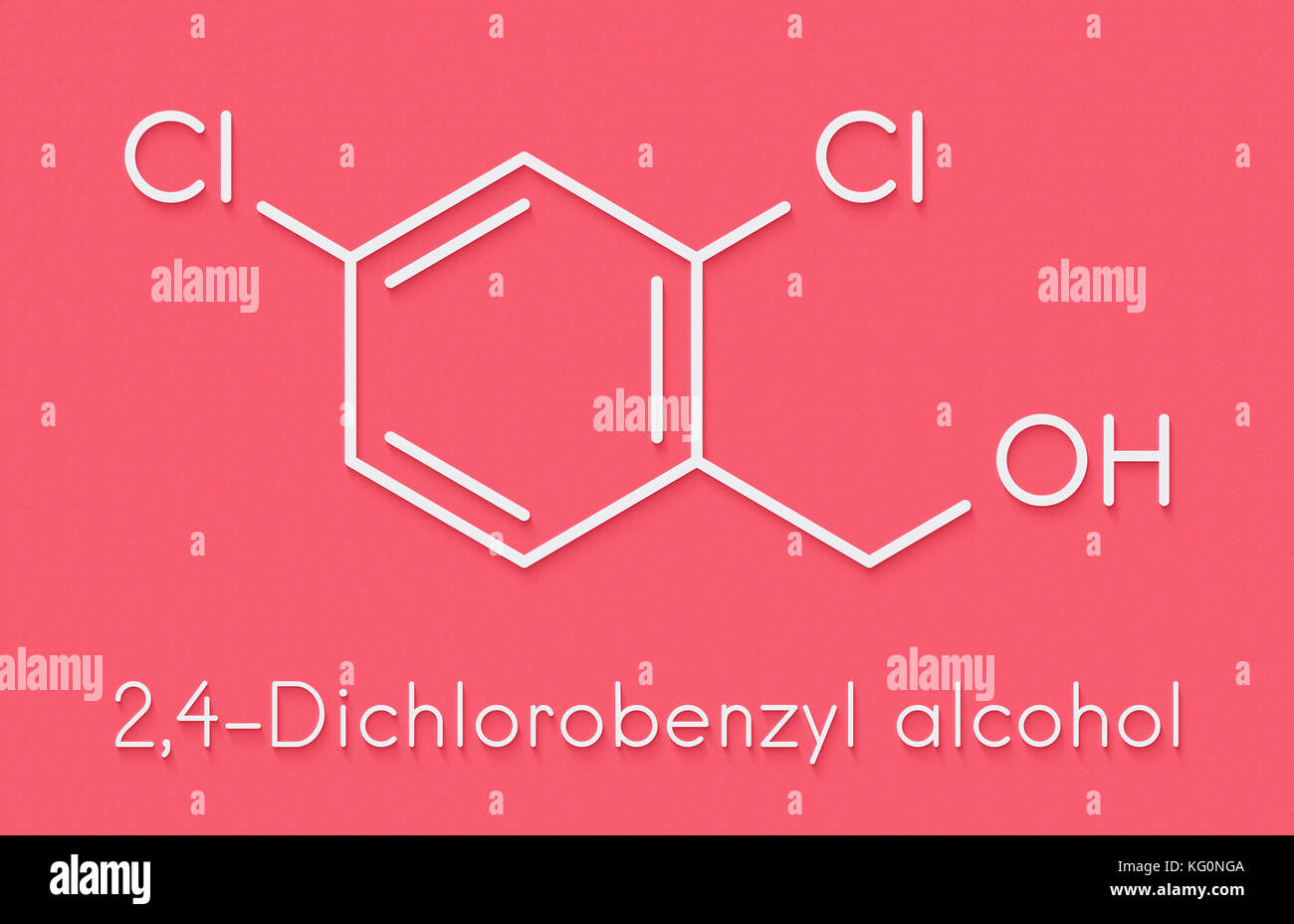 2,4-dichlorobenzyl Alkohol antiseptische Droge Molekül. Verwendet in lutschtabletten Halsschmerzen zu behandeln. Skelettmuskulatur Formel. Stockfoto