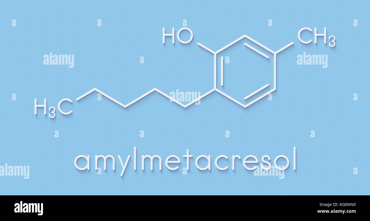 Amylmetacresol antiseptische Droge Molekül. Verwendet in lutschtabletten Halsschmerzen zu behandeln. Skelettmuskulatur Formel. Stockfoto