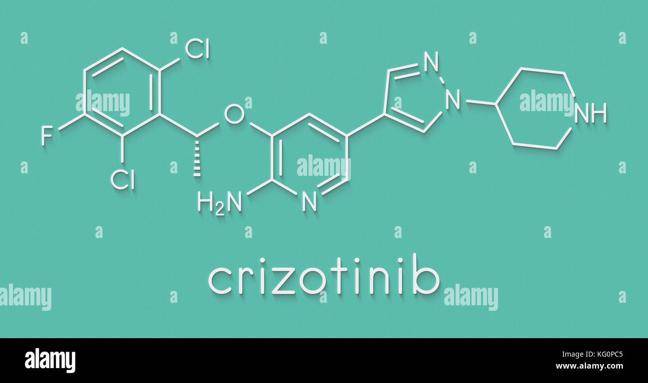 Crizotinib Medikament gegen Krebs Molekül. Inhibitor der Alk und Ros 1 Proteine. Skelettmuskulatur Formel. Stockfoto