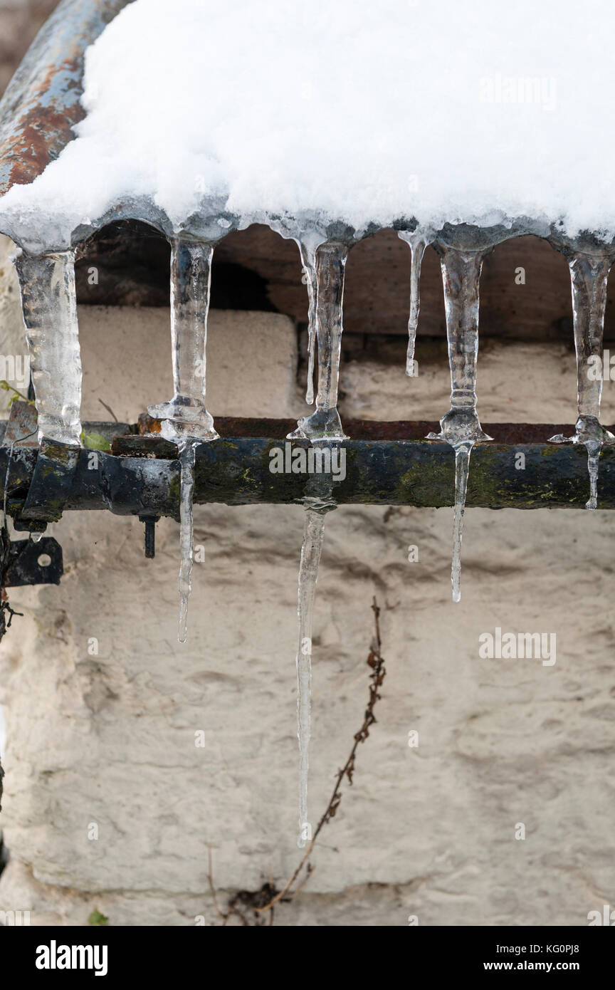 UK. Winter an der walisischen Grenze. Eiszapfen an einem Wellblechdach und einen alten gusseisernen Rinne Stockfoto