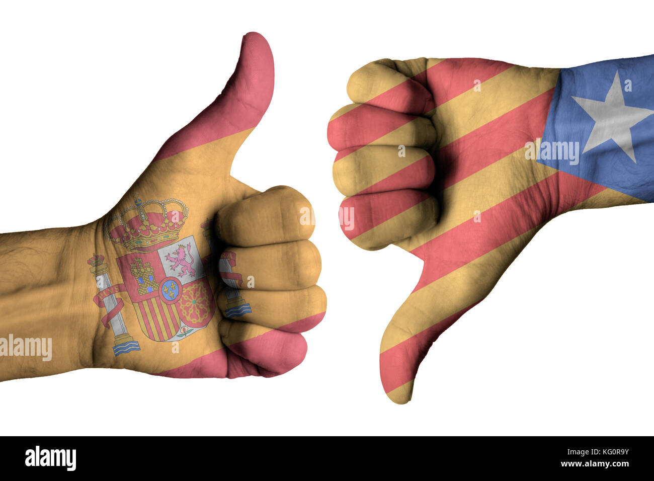Katalonien auf menschlichen männlichen Daumen nach oben und unten die Hände Stockfoto