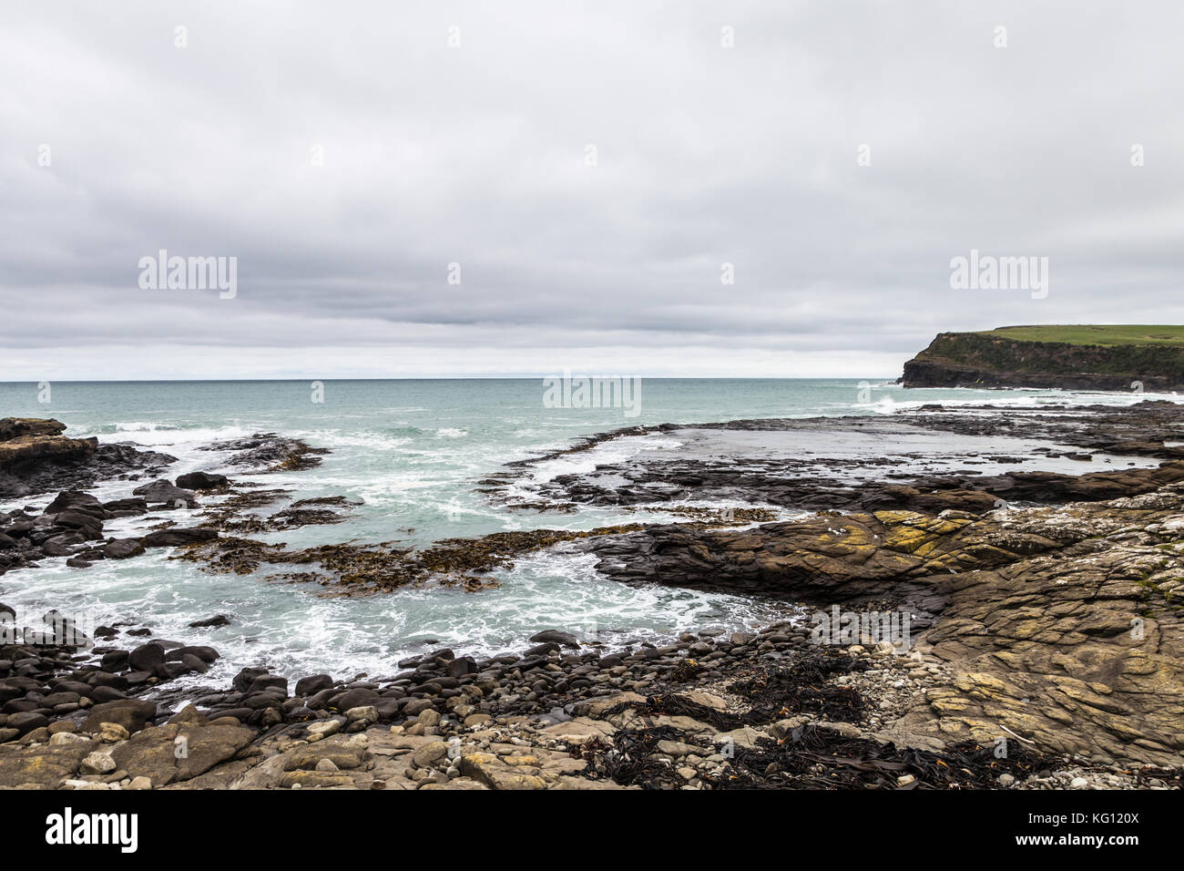 Die wilden Curio Bay Klippen in den Catlins Bereich durch die Tasmanische See in Neuseeland Südinsel in der Nähe der Stadt Invercargill Stockfoto