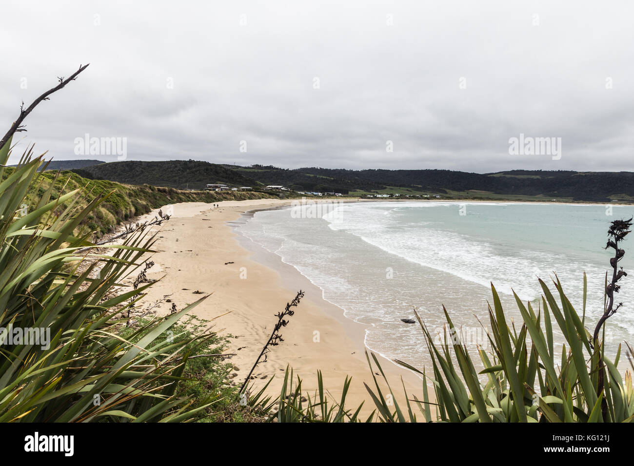 Die wilden Curio Bay in den Catlins Bereich durch die Tasmanische See in Neuseeland Südinsel in der Nähe der Stadt Invercargill Stockfoto