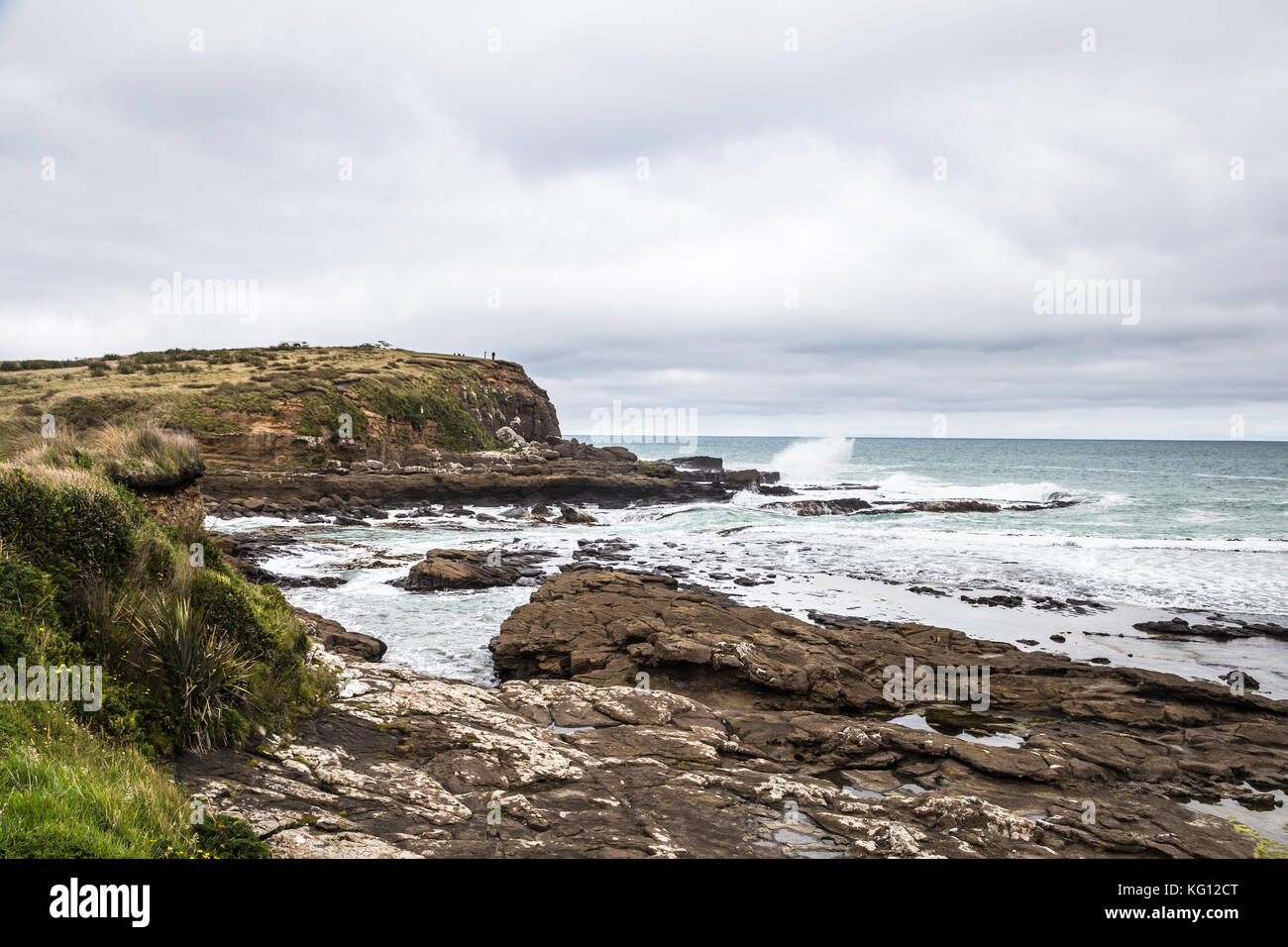 Die wilden Curio Bay Klippen in den Catlins Bereich durch die Tasmanische See in Neuseeland Südinsel in der Nähe der Stadt Invercargill Stockfoto