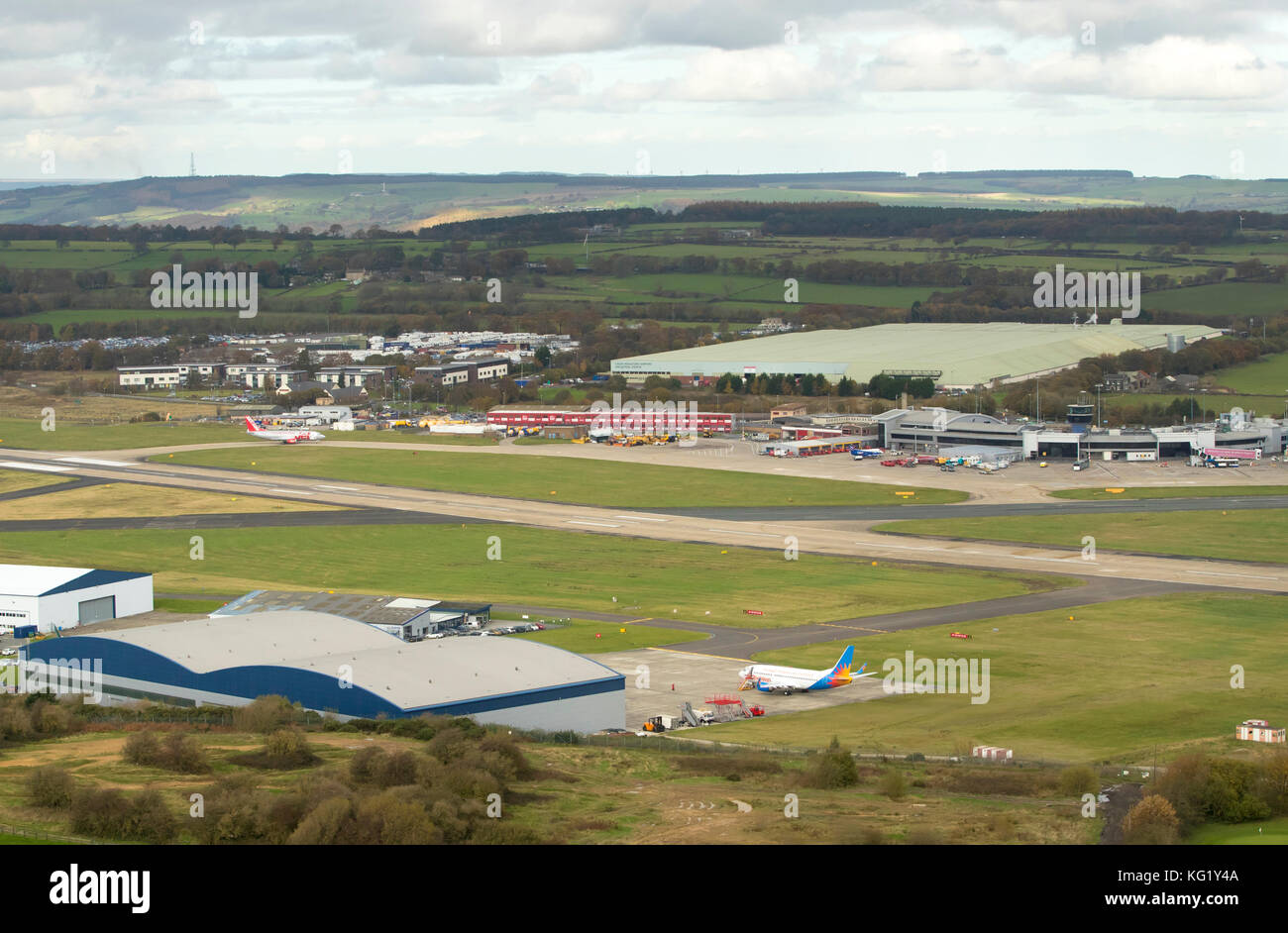 Eine Luftaufnahme des Flughafens Leeds Bradford in Yorkshire. Stockfoto