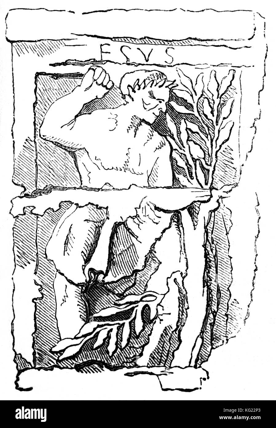 Eine Zeichnung von Hesus, Aisus oder Ege, einem gallischen Gott gefeiert auf der "Säule der Schiffer" dating aus dem ersten Viertel des ersten Jahrhundert, ursprünglich in einem Tempel in der gallo-römischen Civitas von Lutetia (Paris, Frankreich) stand. Er war einer Gottheit in der Keltischen Polytheismus, gemeinhin als keltische Heidentum bekannt, denen menschliche Opfer wurden geopfert; Praktiken eingehalten durch Eisen alter Menschen in Westeuropa, die jetzt als die Kelten bekannt, ungefähr zwischen 500 v. Chr. und 500 CE. Stockfoto