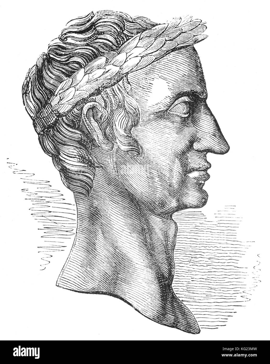 Der Kopf des Gaius Julius Caesar (100 v. Chr. bis 44 v. Chr.), in der Regel als Julius Caesar, römischer Politiker und General, der den Kanal in 55 v. Chr. Überquerte Großbritannien auf ein Kupfer Münze zu erobern. Stockfoto