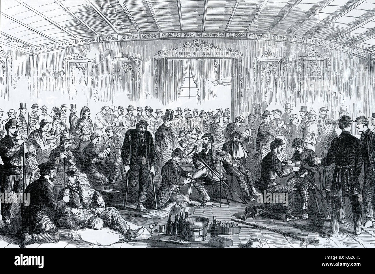 Amerikanischer BÜRGERKRIEG Verwundete Gewerkschaftssoldaten, die beim First Bull Run gefangen wurden und im Oktober 1861 an Bord eines Schiffes in Hampton Roads, Virginia, repatriiert wurden Stockfoto