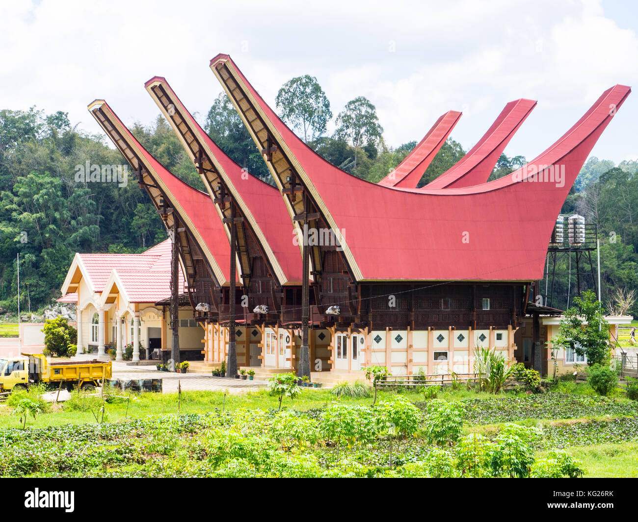Ein Satz brandneuer Tongkonan in traditioneller Form, Tana Toraja, Sulawesi, Indonesien, Südostasien, Asien Stockfoto