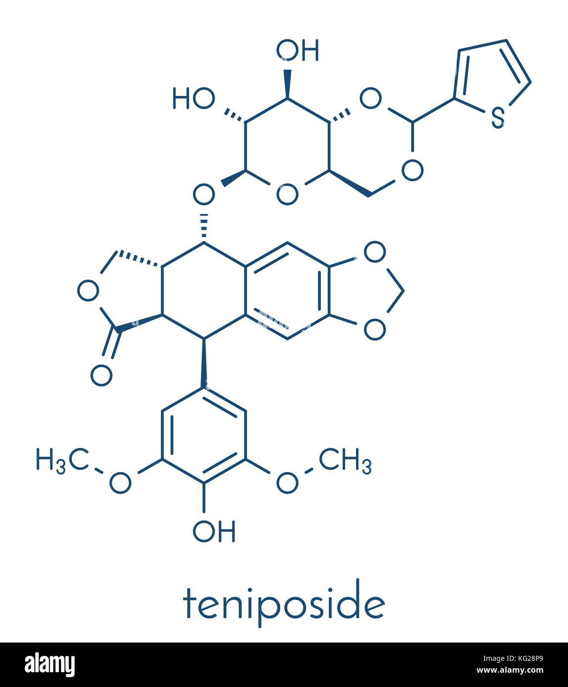 Teniposid Krebsmedikament Molekül (Topoisomerase II-Inhibitor). Skelettmuskulatur Formel. Stock Vektor
