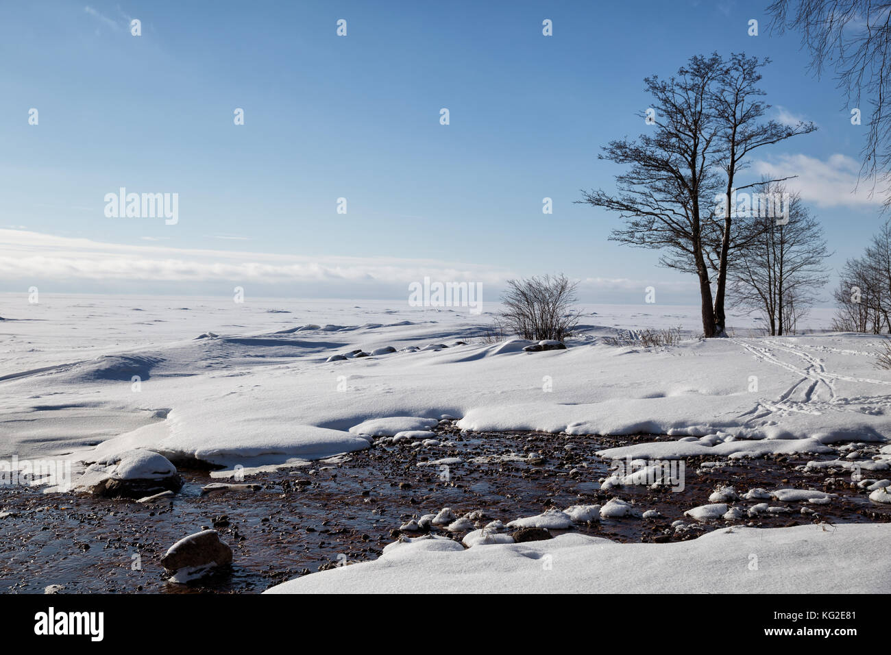 Nicht einfrieren fließt in die gefrorenen Golf von Finnland. Winterlandschaft Stockfoto