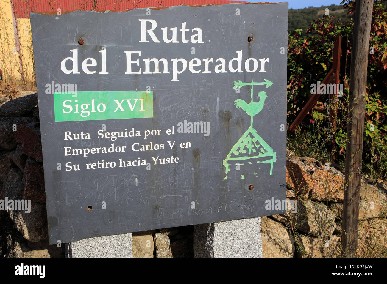 Ruta del Emperador, Route Des Kaisers Fußweg Zeichen, La Vera Tal, Extremadura, Spanien Stockfoto
