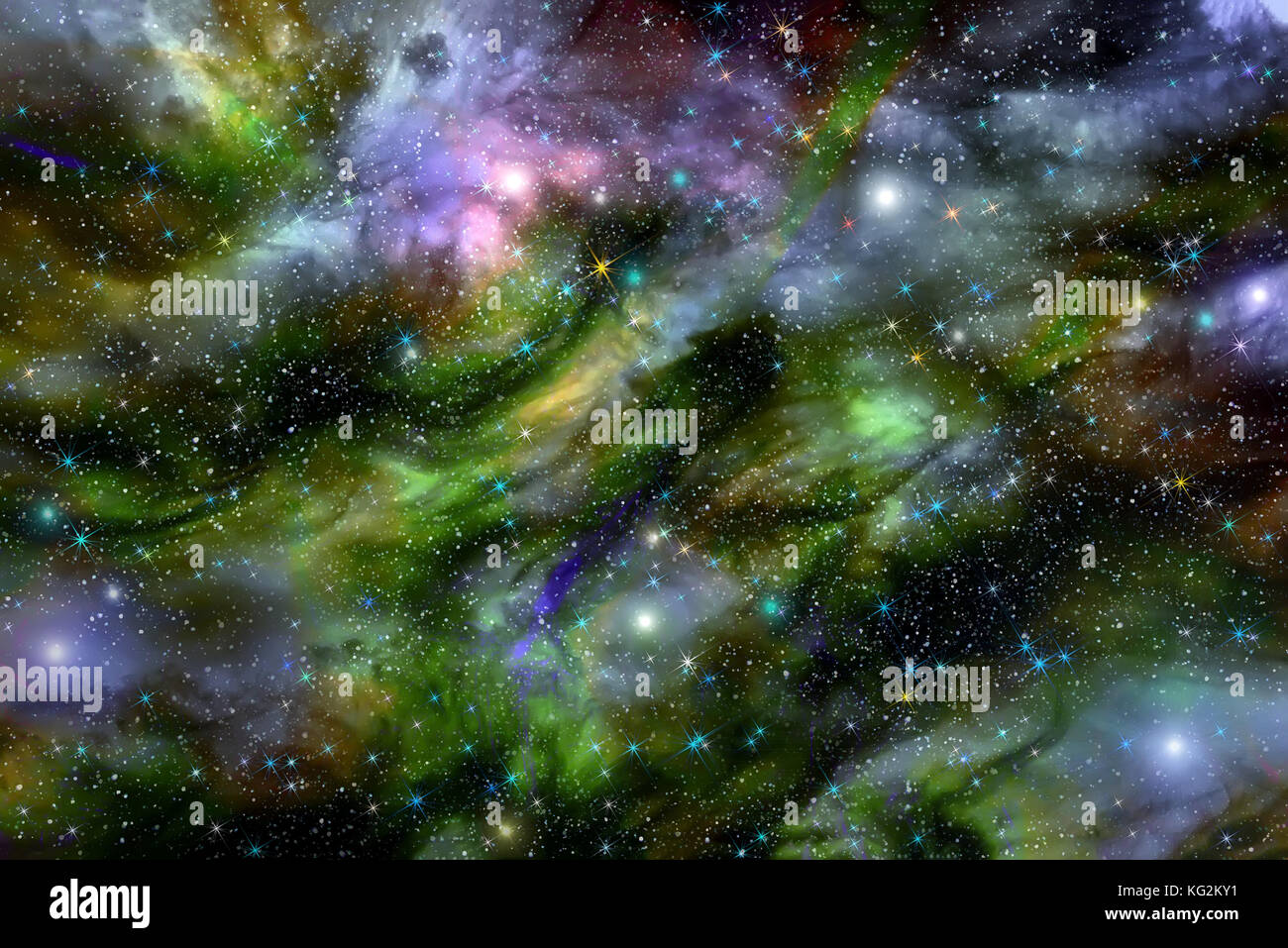 Hell abstrakt Hintergrund mit vielen verschiedenen Stars, leuchtende Nebel und Wolkenformationen im Weltraum Stockfoto