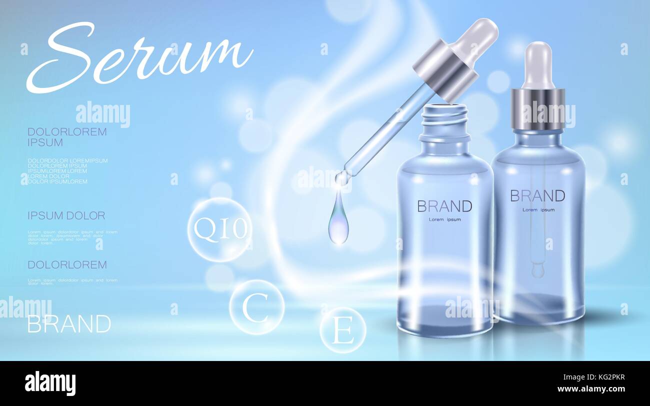 Realistische 3D-kosmetischen ad Vorlage. Hellblau transparent Glas Essenz Flasche pipette Öl Vitamin bubble Serum Gesichtspflege. Werbe Poster Vorlage flüssiges Wasser tropfen Vector Illustration Stock Vektor