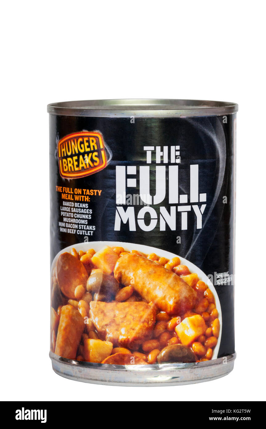 Der "Full Monty" Frühstück in einem Zinn durch Hunger bricht. Stockfoto