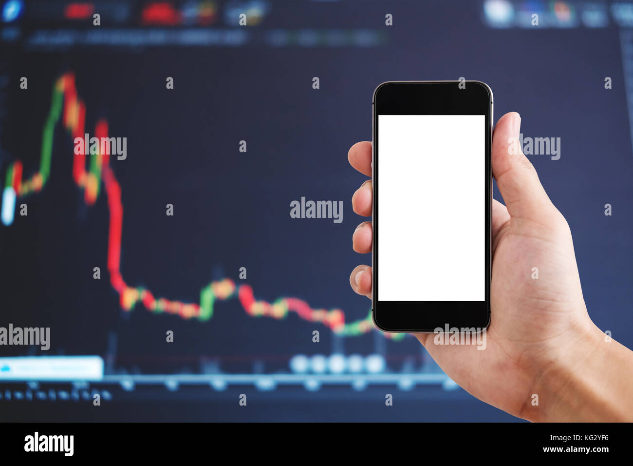 Hand, Smart Phone, leeren weißen vertikalen Bildschirm, Börse grafik hintergrund. online Stock Trading auf Handy Konzept Stockfoto