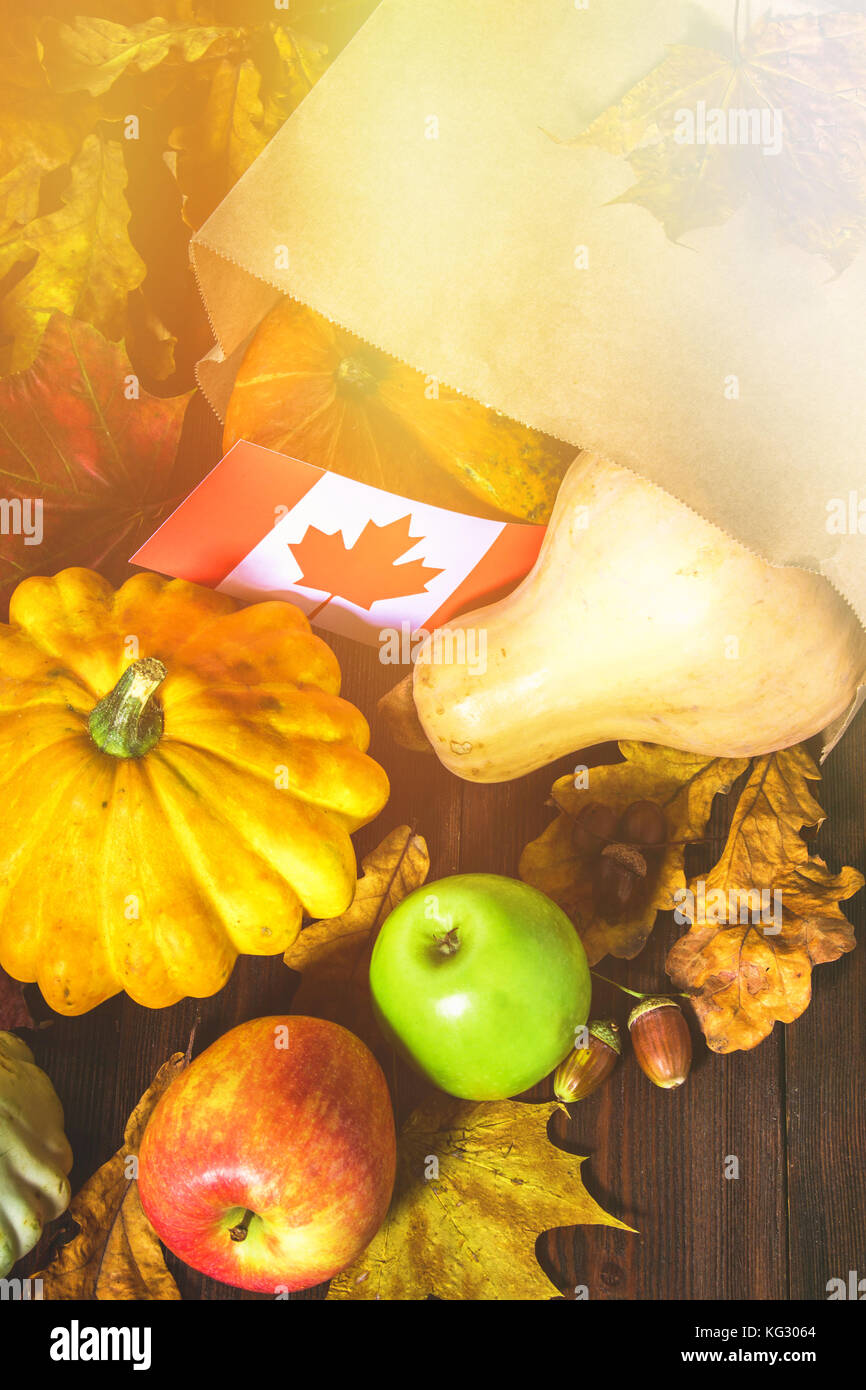 Happy Thanksgiving Day in Kanada. Gemüse, Kürbis, Zucchini, Äpfel, Ahorn und Eiche Blätter, Eicheln auf einer hölzernen Hintergrund. Ernte und Gelb Herbst Stockfoto