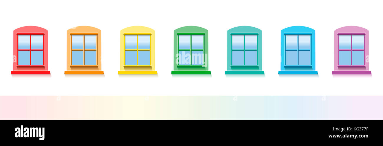 Sieben farbige Fenster. Abbildung auf weißen Hintergrund. Stockfoto