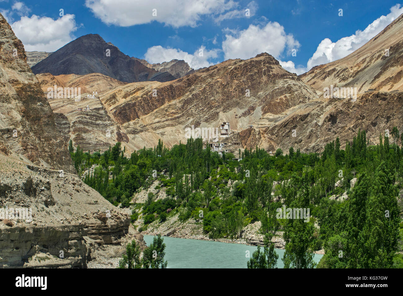 Berg Schlucht des Indus, ruhigem Wasser Aquamarin Farbe, Bäume wachsen entlang der Riverbed, den Himalaya. Stockfoto