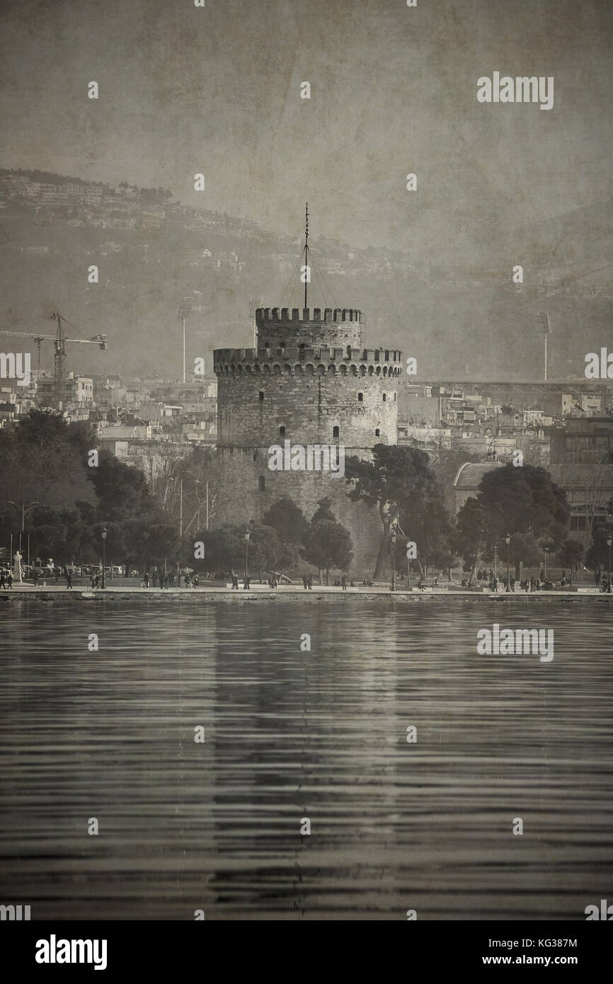 Vintage Old Style Look Foto der Weiße Turm von Thessaloniki, Griechenland Stockfoto