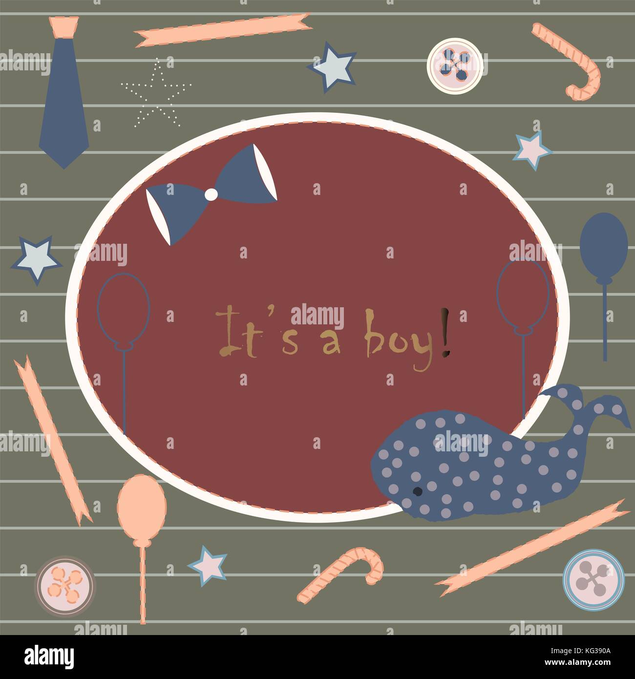 Baby Geburt Ansage. babyduscheeinladung Karte. cute Wal kündigt die Ankunft des Jungen. card Design auf Teal Hintergrund mit Bändern, Riegel, b Stock Vektor