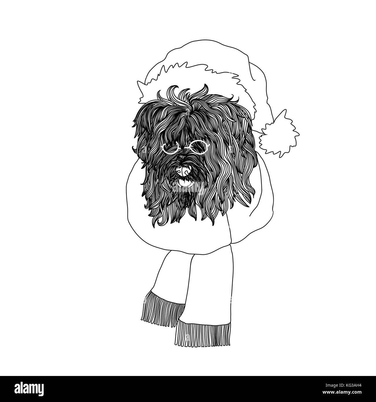 Neues Jahr Karte mit flauschige Hund in santa claus Hut und Brille. Schwarze und Weiße Vector Illustration. Stock Vektor