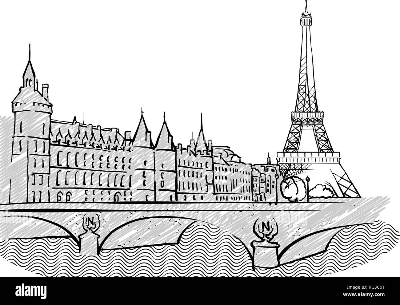 Paris, Frankreich berühmten Reisen Skizze. Lineart Zeichnung von Hand. Grußkarte Design, Vektor, Abbildung Stock Vektor