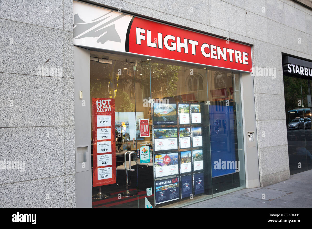 Flight Center Reisebüro Urlaub buchen Shop in der George Street, Sydney, Australien Stockfoto