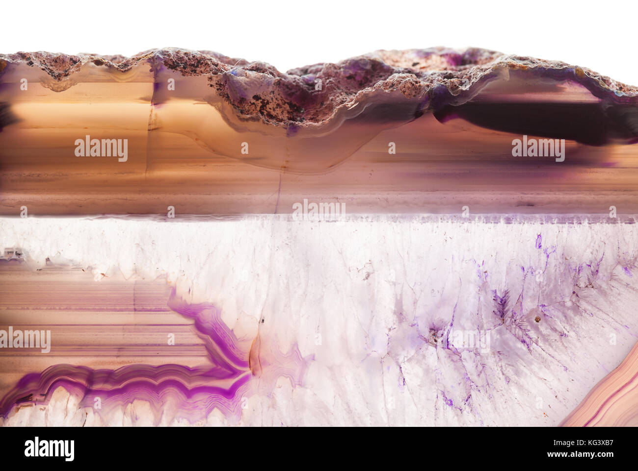 Zusammenfassung Hintergrund - rosa Achat mineral Querschnitt auf weißem Hintergrund Stockfoto