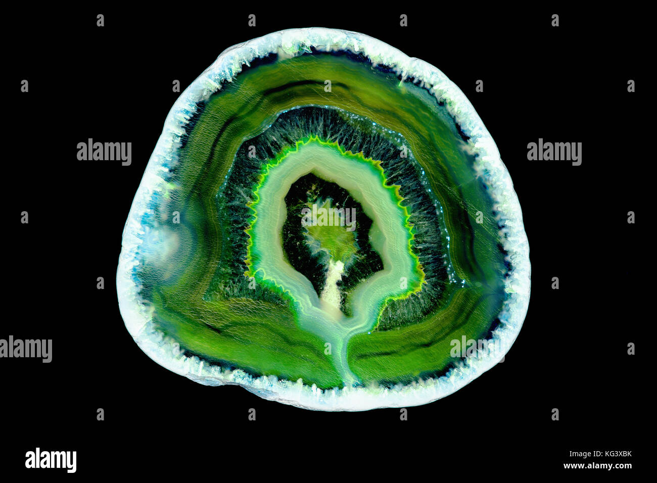 Zusammenfassung Hintergrund - dunkelgrün Achat mineral Querschnitt auf schwarzem Hintergrund Stockfoto