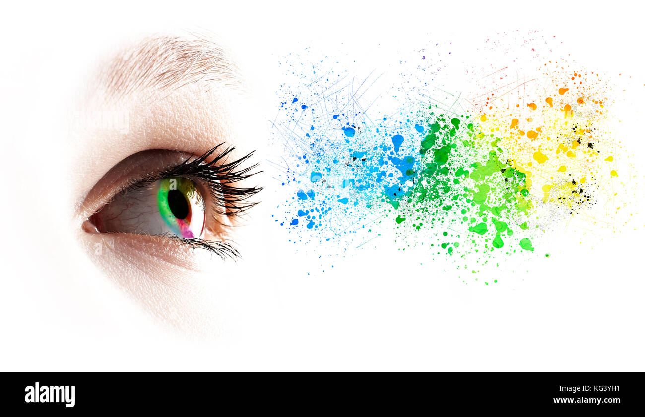 Bunte Regenbogen weibliche Auge und farbigen Spritzern über Weiß Stockfoto