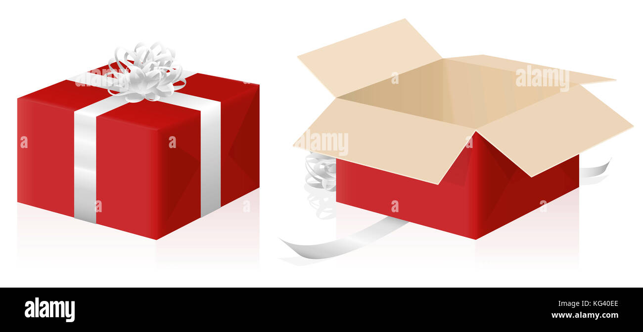 Geschenkpaket, verpackt und unverpackt red Parcel, geschlossen und geöffnet vorhanden Karton - 3 Abbildung d auf weißem Hintergrund. Stockfoto