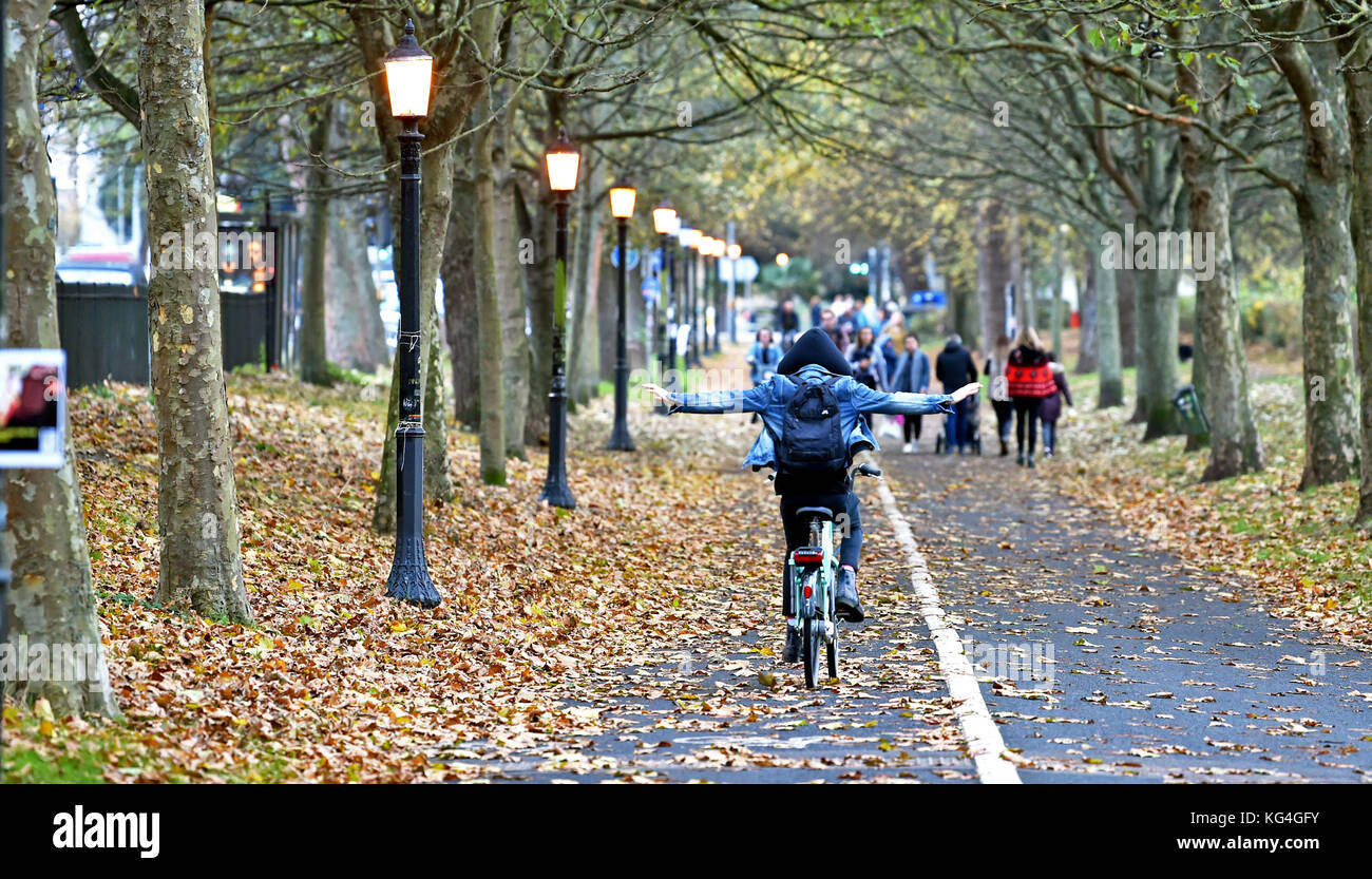 Brighton, UK. 4. November 2017. Radfahrer Fahrt durch Laub durch die Ebene in Brighton an trüben aber warmen Herbst Nachmittag, aber die Temperaturen sind Prognose in den nächsten Tagen in ganz Großbritannien Foto von Simon Dack/Alamy Leben Nachrichten zu stürzen Stockfoto