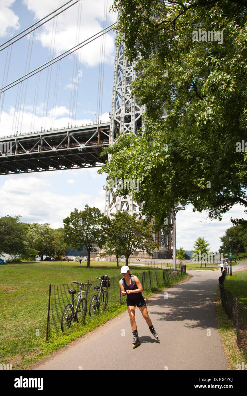 Die George Washington Bridge, den Hudson River, Greenway, Riverside Park, New York, USA, Nordamerika Stockfoto