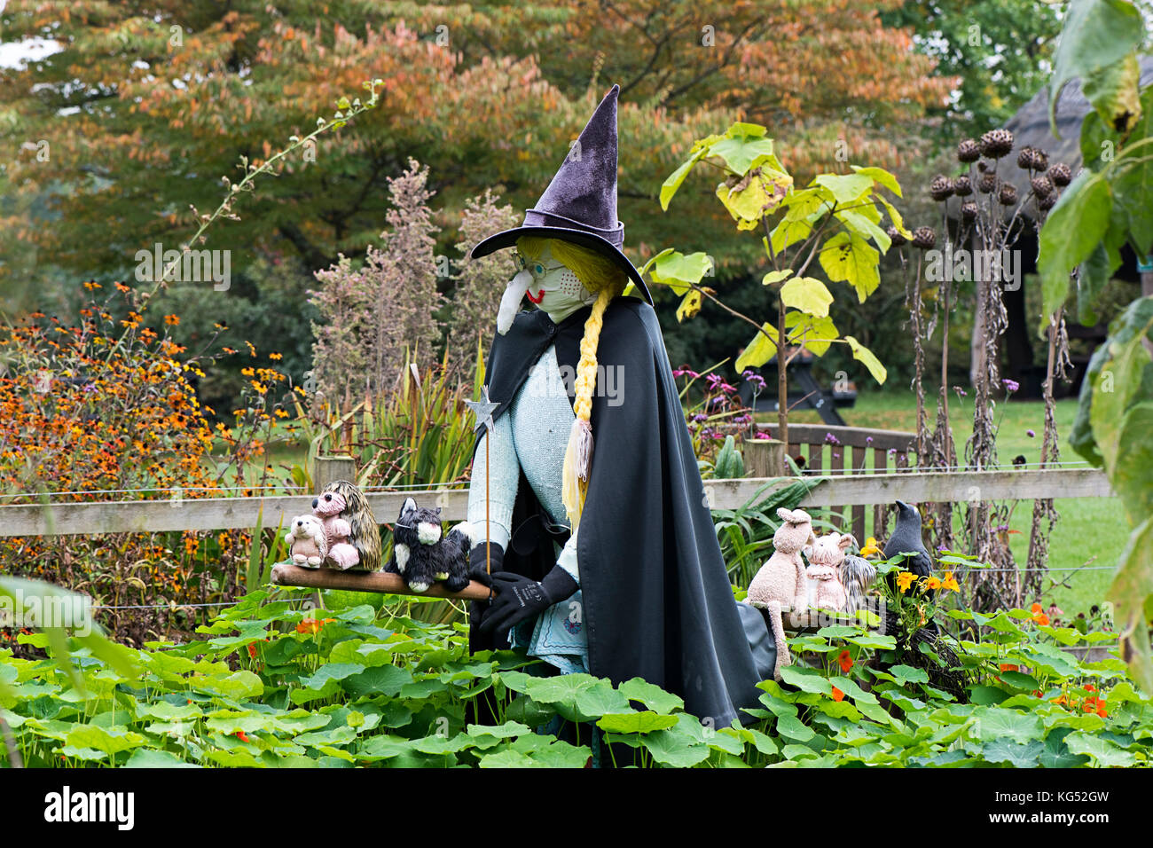 Eine Hexe auf einem Besen mit einer schwarzen Katze, Garten Anzeige für Halloween. Stockfoto