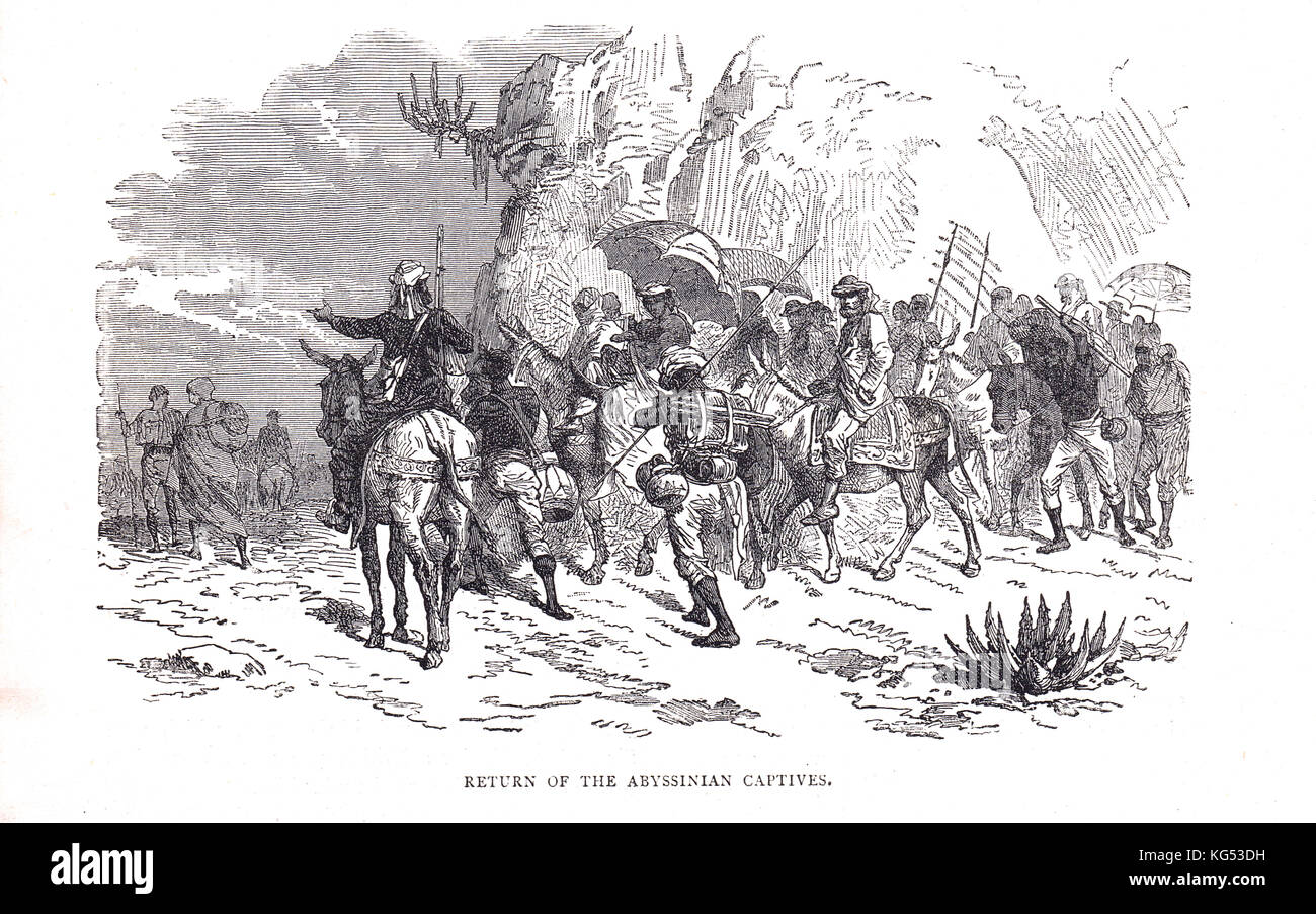 Rückkehr der europäischen Abessinier-Gefangenen, April 1868, Belagerung von Magdala, Britische Expedition nach Abessinien, 1867-1868 Stockfoto