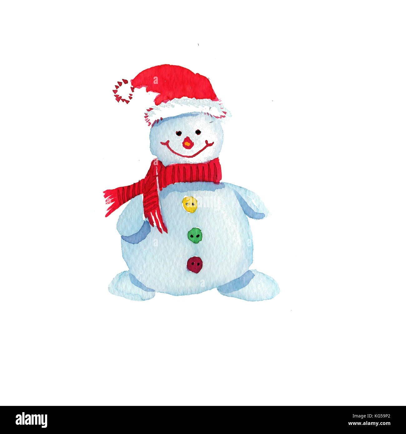 Cartoon Weihnachten fröhlicher Schneemann in einem Red Hat gezogen Aquarell Stockfoto