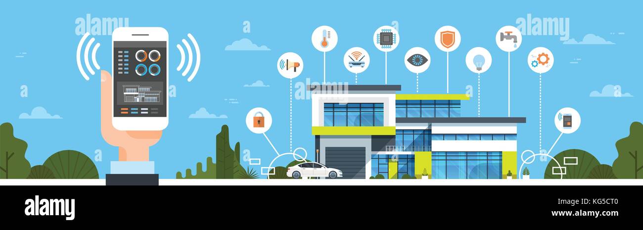 Hand Smartphone mit smart home System Control Interface modernes Haus Automatisierungskonzept horizontale Banner Stock Vektor