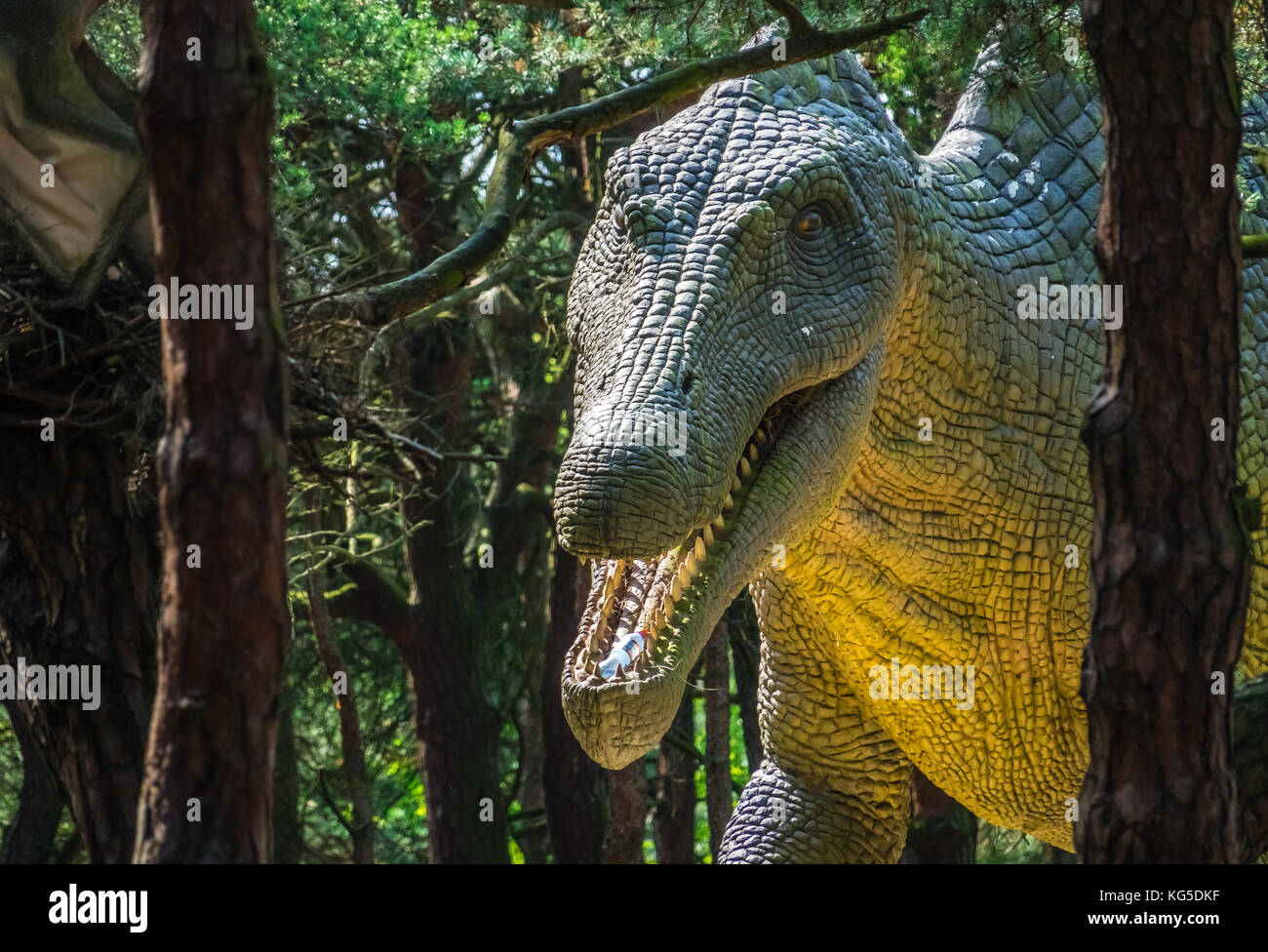 Solec kujawski, Polen - August 2017: riesige Dinosaurier in Lebensgröße Statue in einem Wald Stockfoto