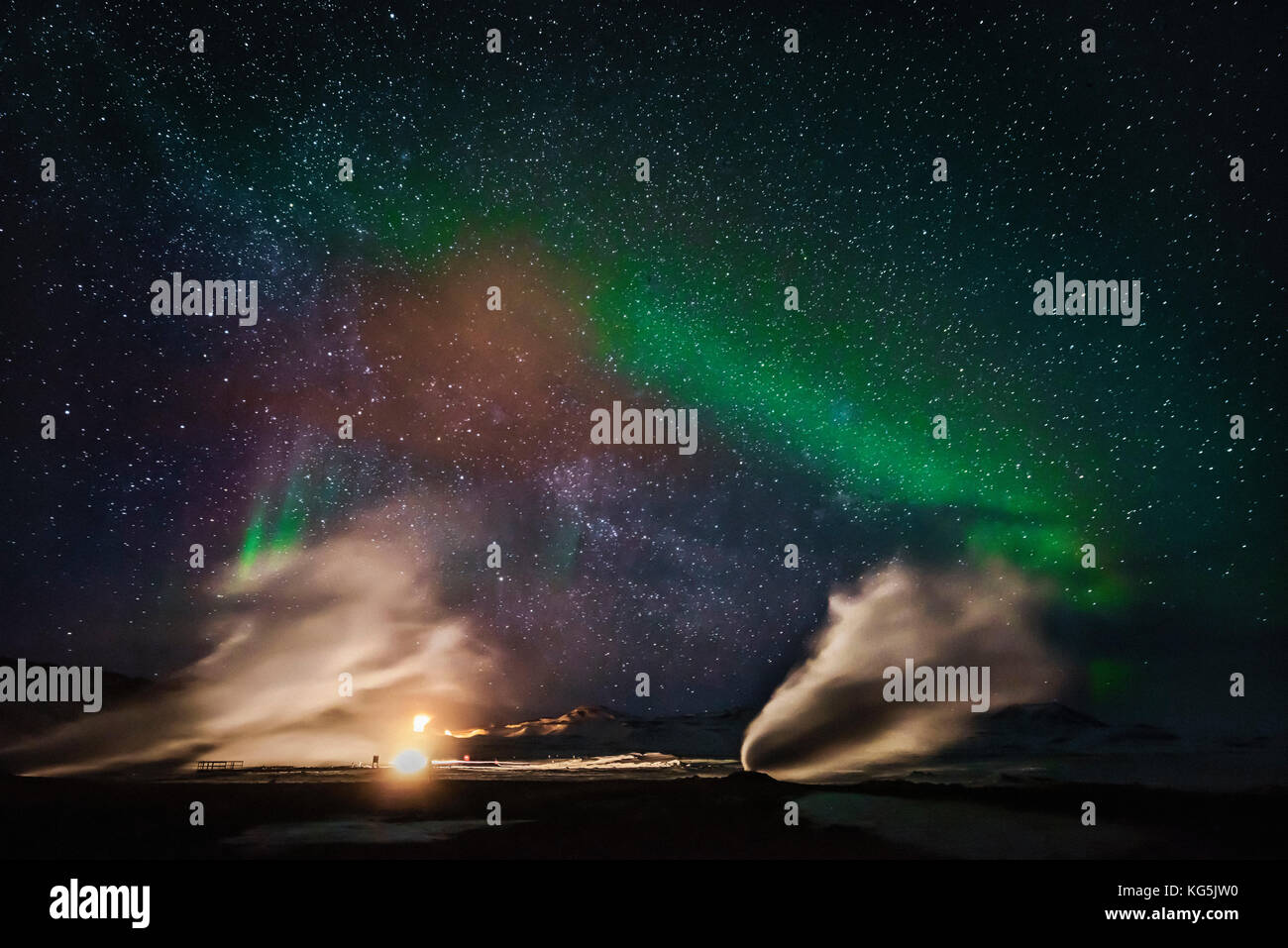 Northern Lights mit geothermische Dampf, hverarond, namaskard, Island Stockfoto