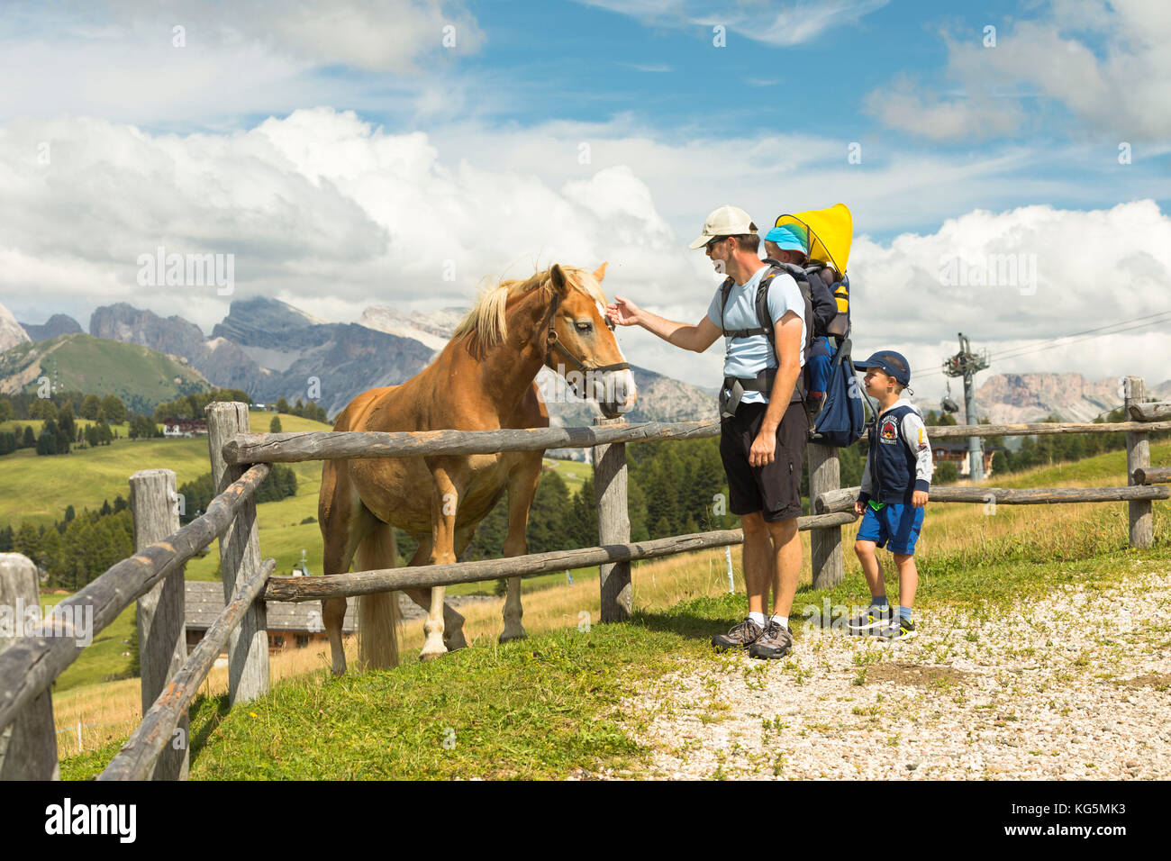 Eine Familie von Touristen steht vor einem schönen Pferd auf der Seiser Alm, (Seiser Alm), Provinz Bozen, Südtirol, Trentino Alto Adige, Italien Stockfoto