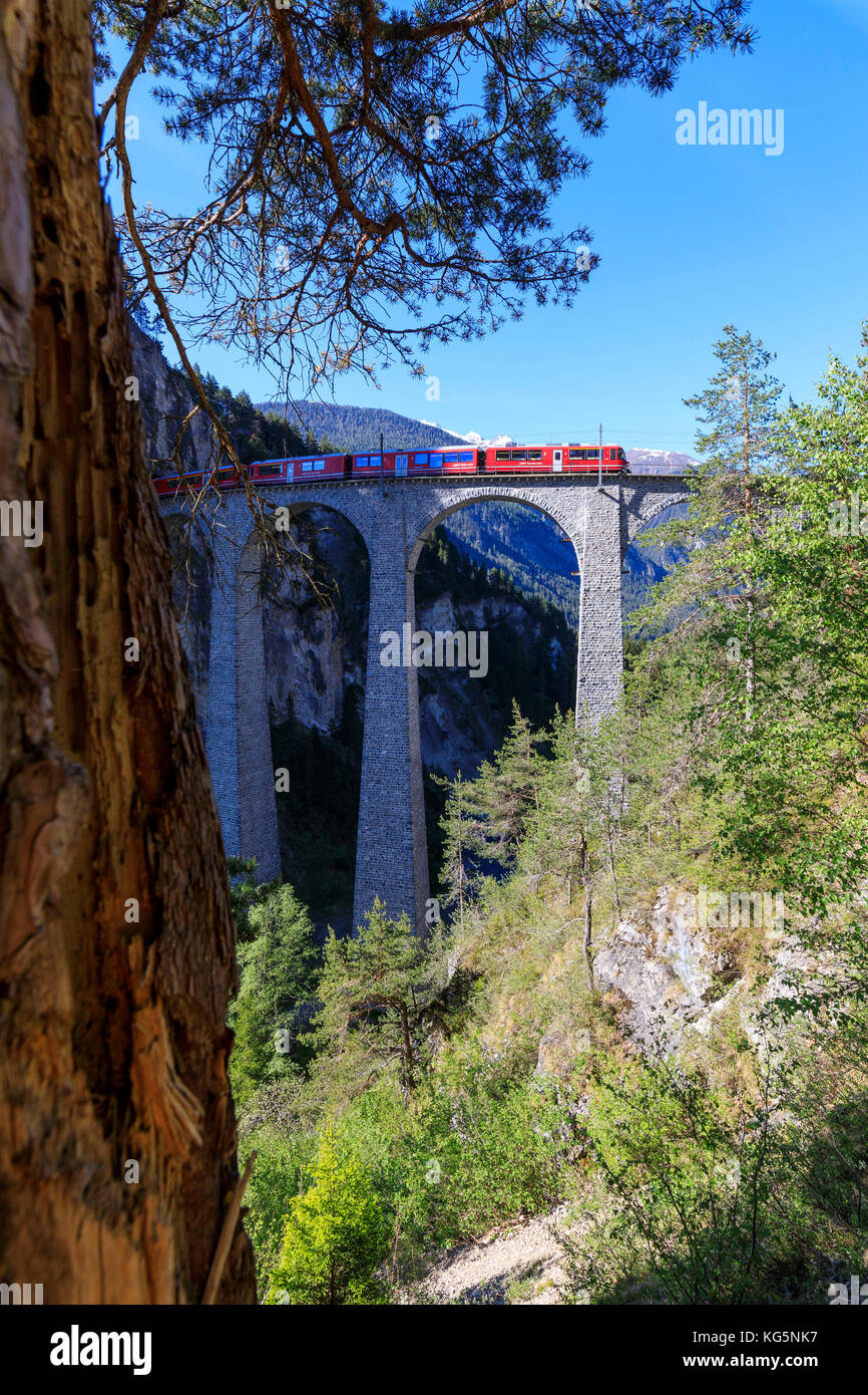 BERNINA Express Zug auf Landwasser Viadukt, Filisur, Albula Region, Kanton Graubünden, Schweiz, Europa Stockfoto