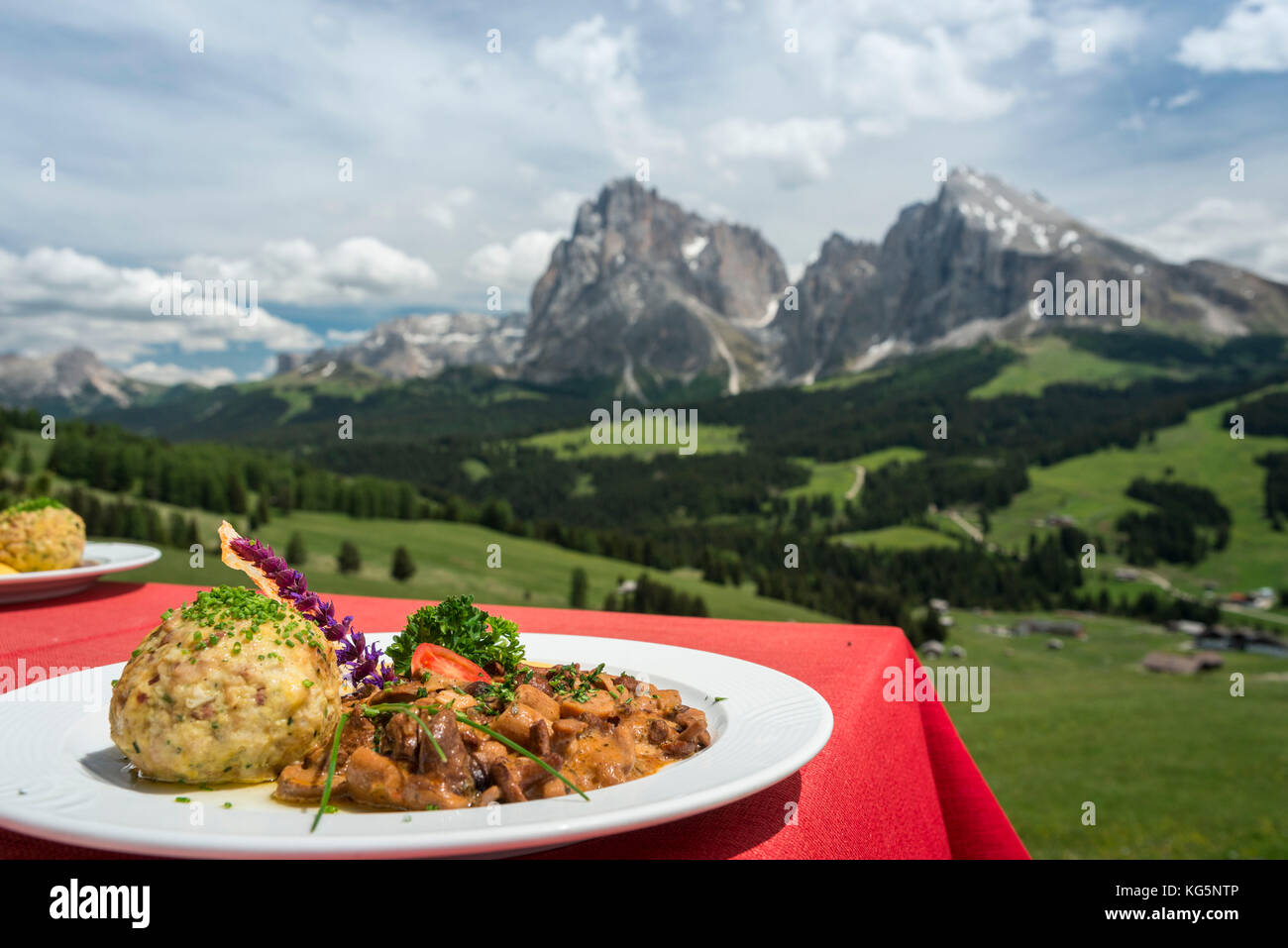 Seiser Alm, Dolomiten, Südtirol, Italien. Rindergulasch mit Knödeln Stockfoto