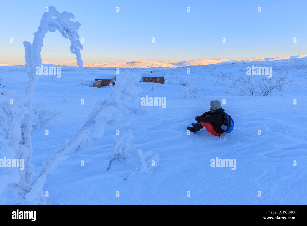 Person beobachtet die wilde Landschaft der schwedischen Lappland. Norbottens Riskgransen, Ian, Lappland, Schweden, Europa Stockfoto