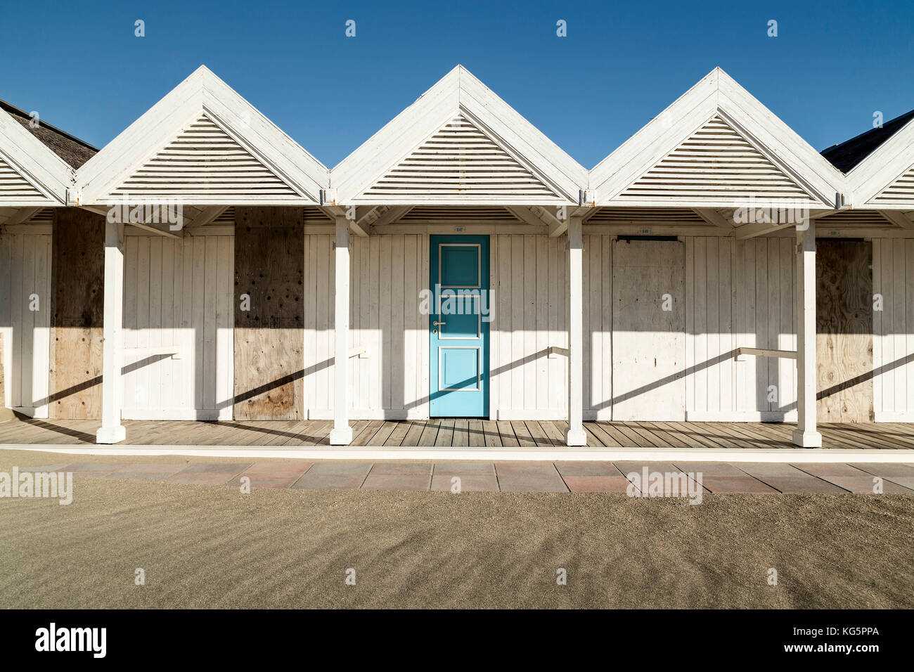Beach Cabins im Winter, Ostia, Rom, Italien Stockfoto
