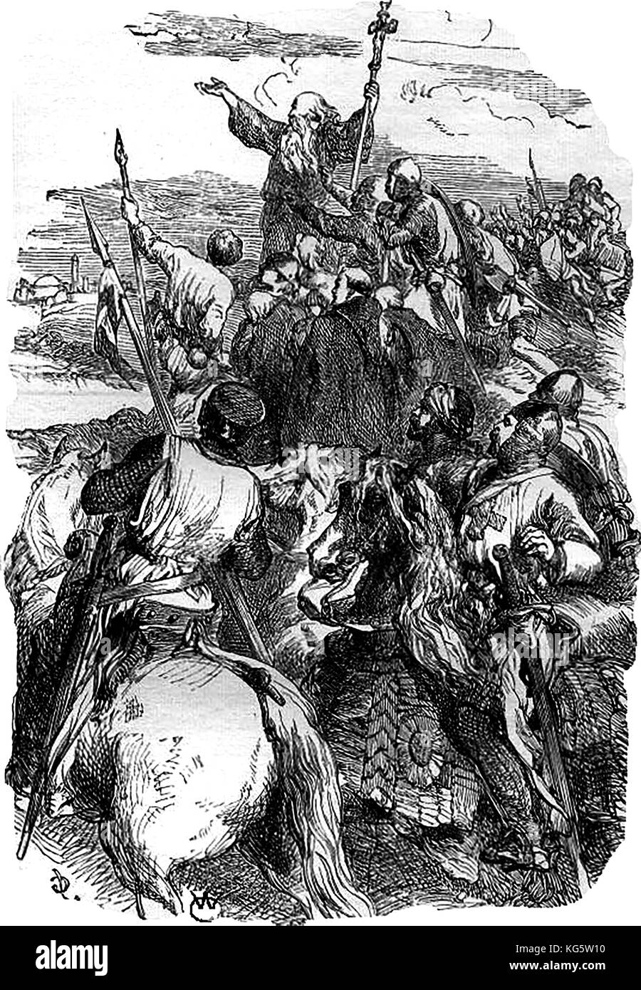 Eine alte Gravur zeigt die Tempelritter in Jerusalem. Stockfoto