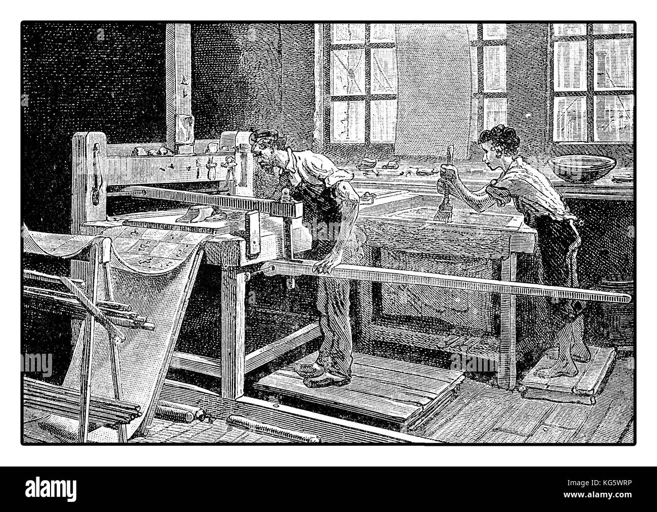 Tischdecke von Hand drucken, Werkstatt aus dem 19. Jahrhundert Stockfoto