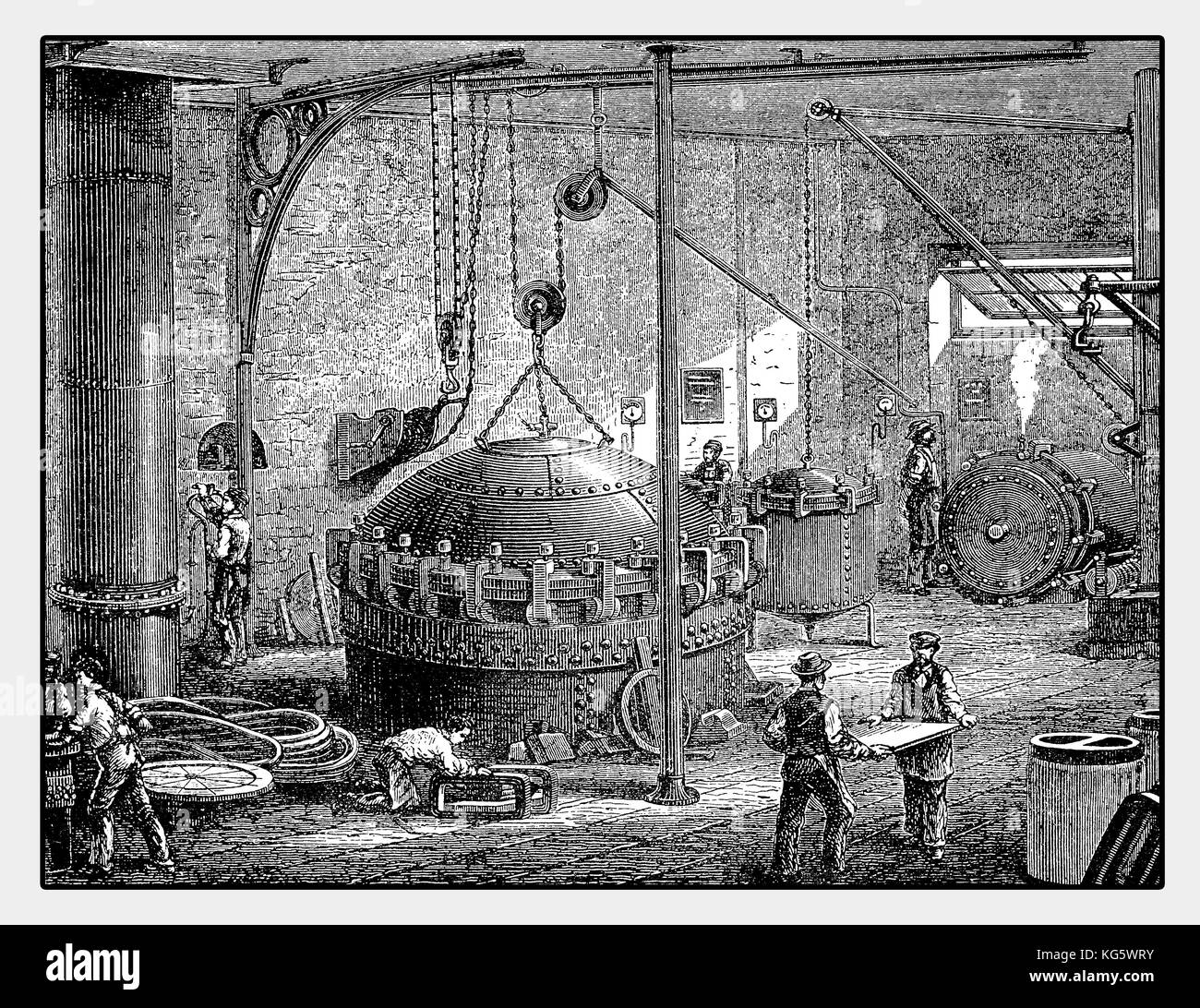 Französische Illustration des XIX. Jahrhunderts von Gummivulkanisierungsmaschine, um Gummi in haltbares Material mit einem chemischen Verfahren umzuwandeln Stockfoto