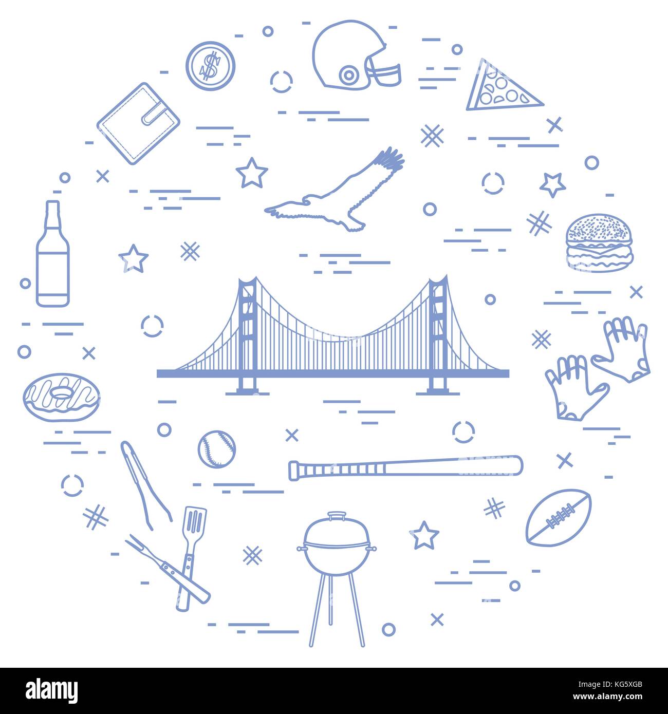 Symbole der USA: Golden Gate, Hängebrücke und Soaring Eagle, Whiskey, Donut, Portemonnaie, Dollar, Helm und Handschuhe für American Football, der Hamburger a Stock Vektor