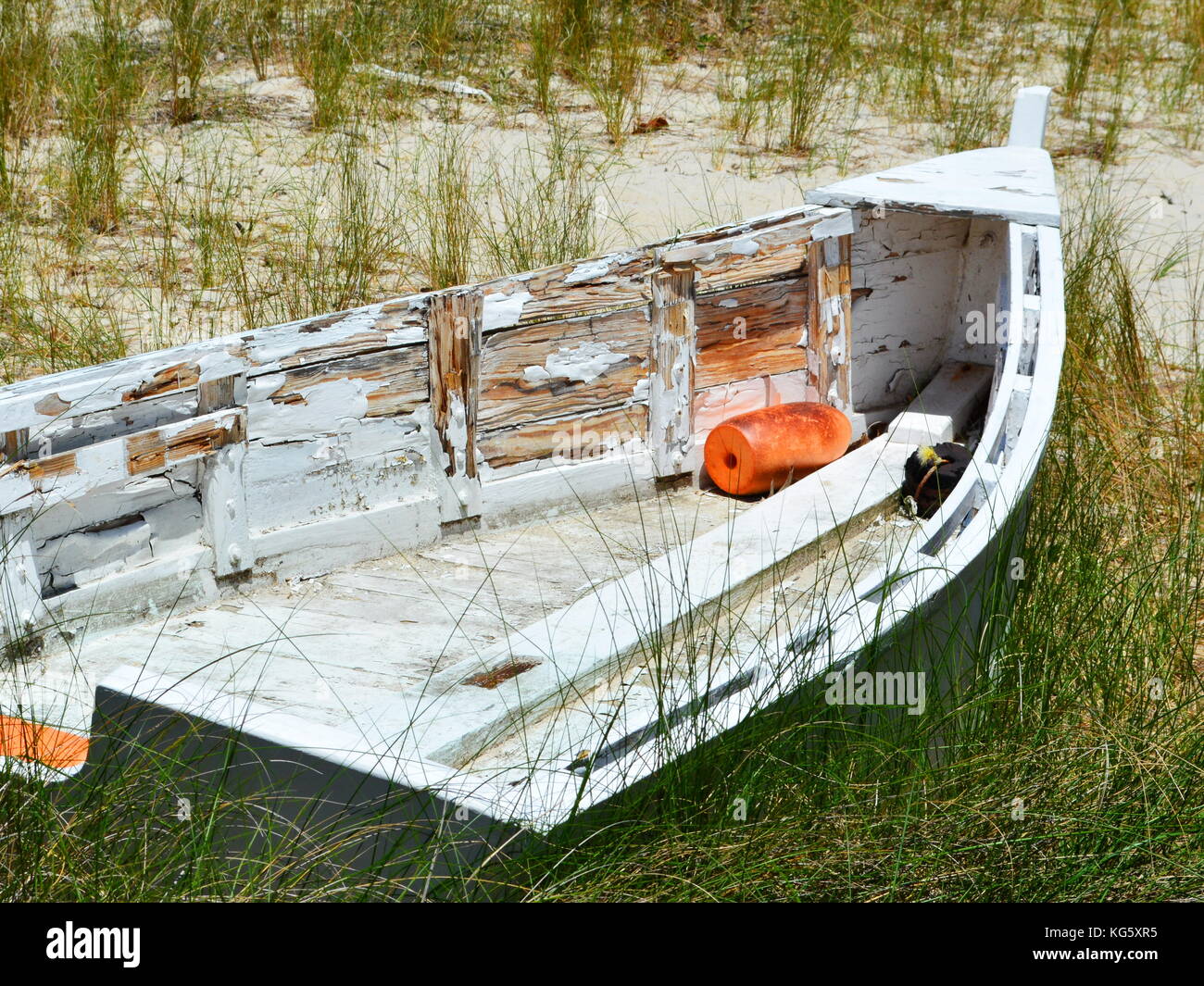 Verfallene Landverschlossene Skiff am Strand von Yorktown, Virginia. Stockfoto